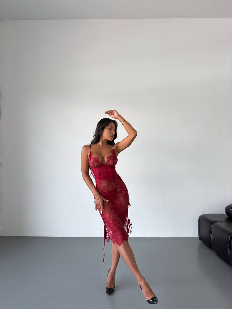 Siyah Dantel Transparan Premium Midi Elbise