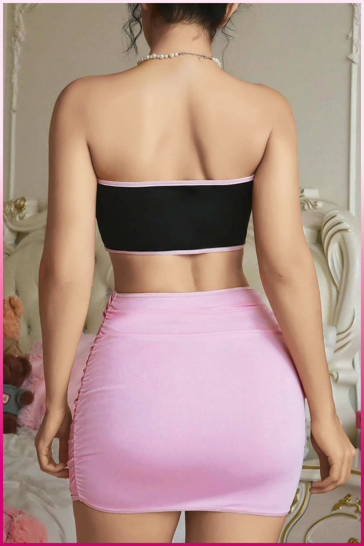Pembe Saten Kurdeleli Mini Elbise Seti