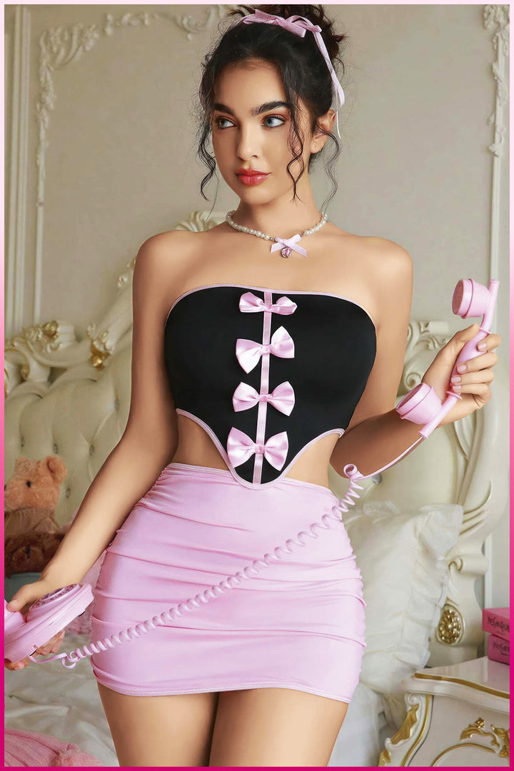 Pembe Saten Kurdeleli Mini Elbise Seti