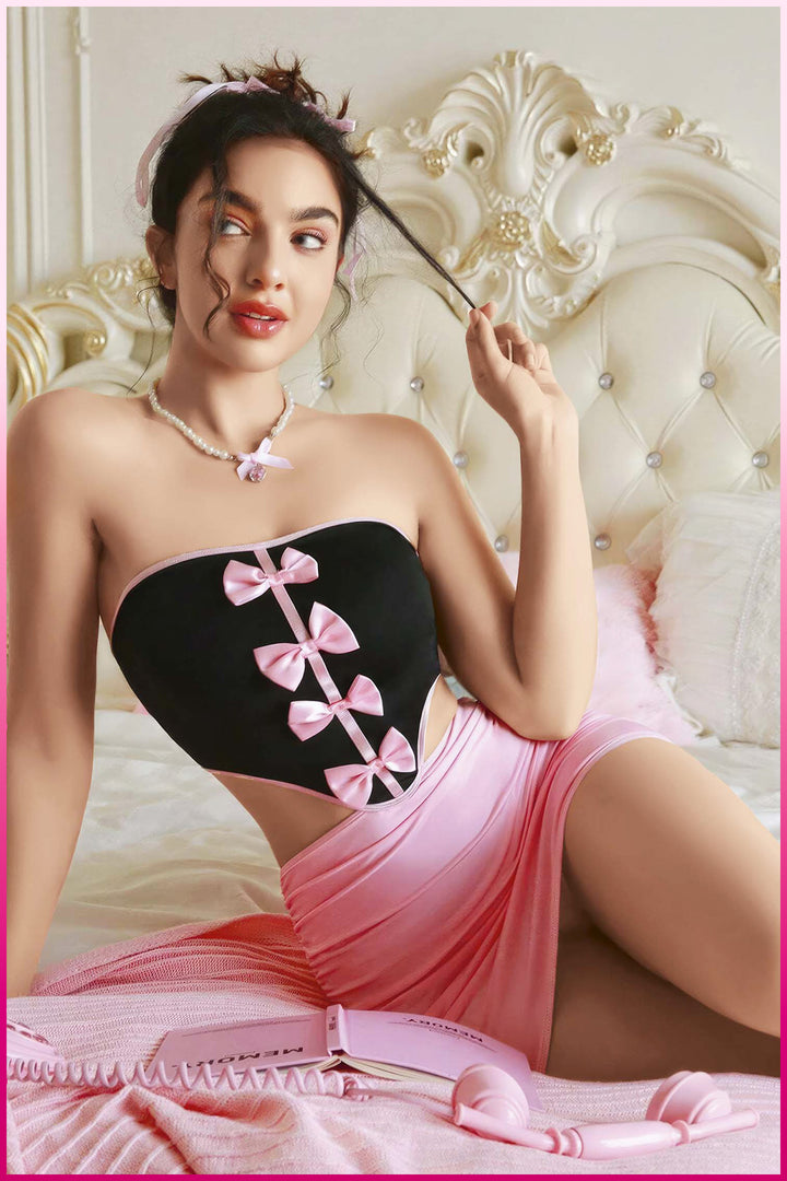 Pembe Saten Kurdeleli Mini Elbise Seti