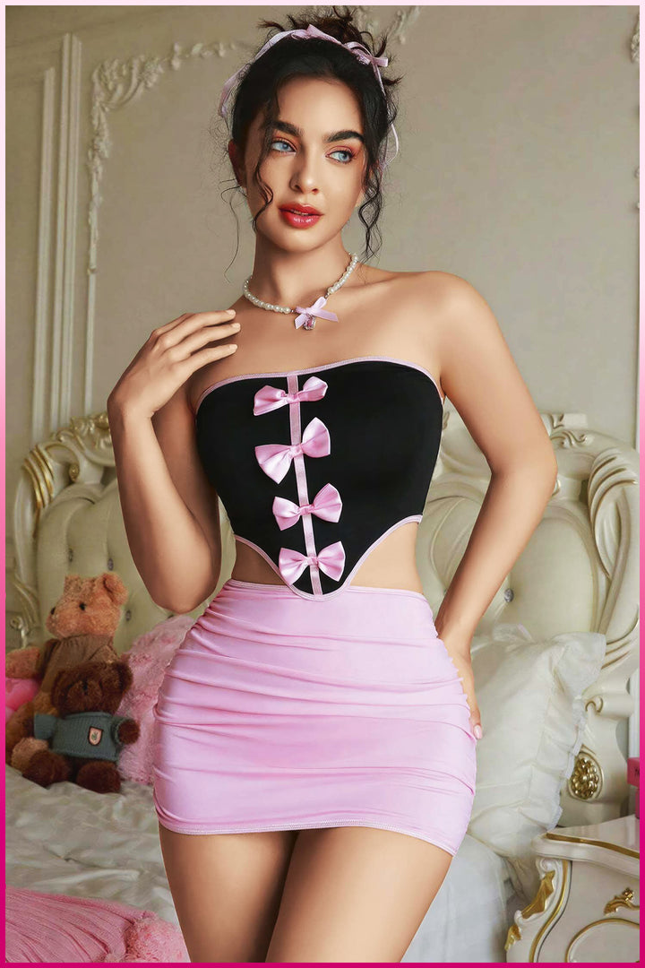 Pembe Saten Kurdeleli Mini Elbise Seti