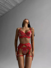 Kırmızı Dantel İşlemeli 3’lü Jartiyer Lingerie Seti