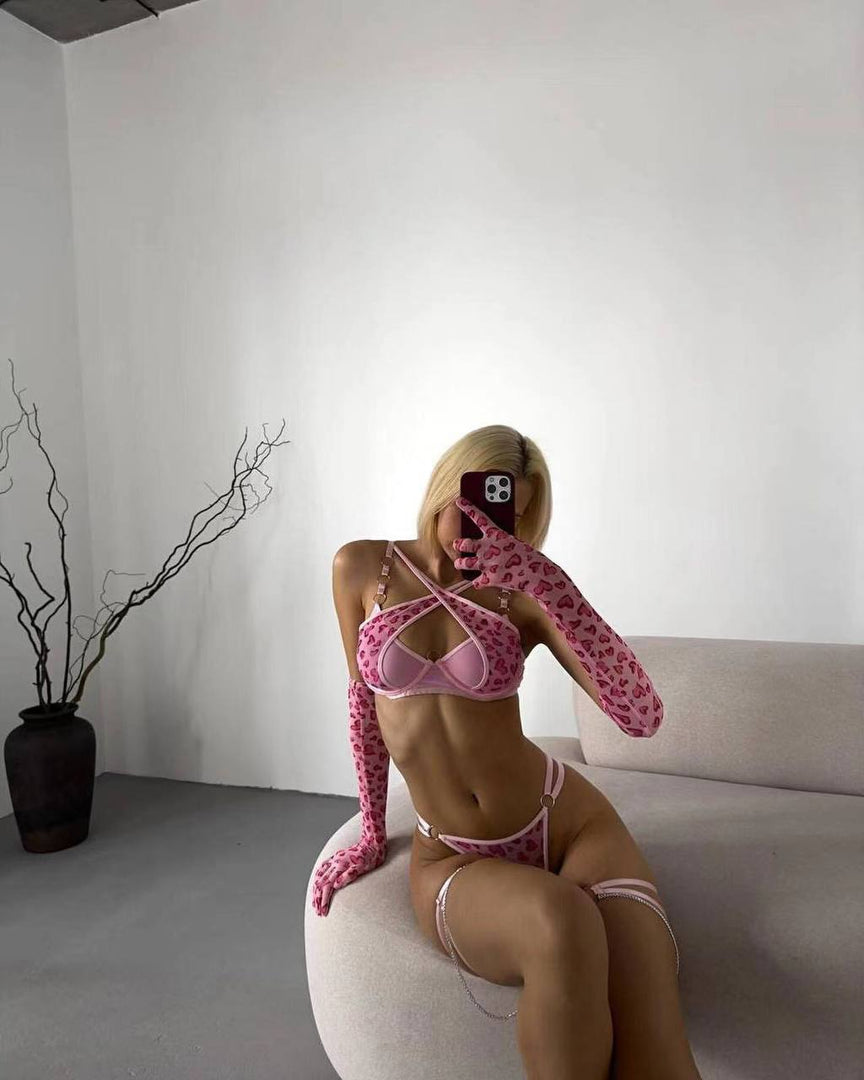 Pembe Leopar Desenli Lingerie Seti