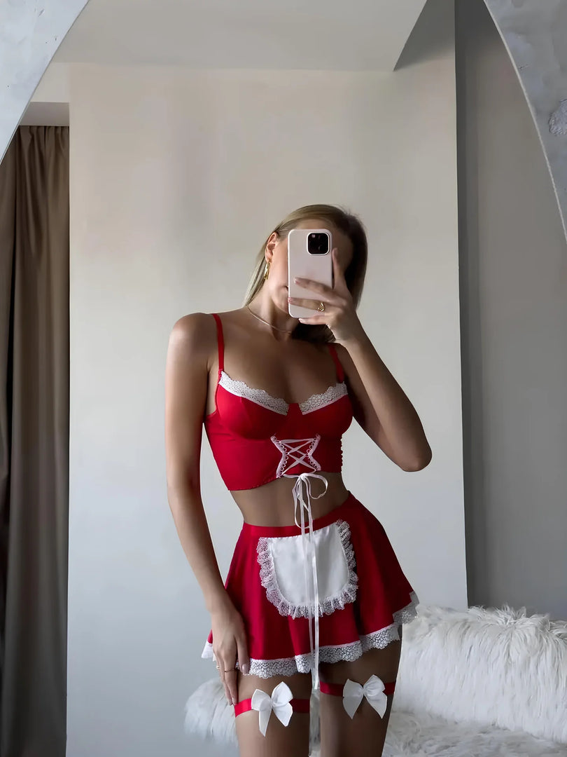 Fransız Esintili Kırmızı Mini Elbise Kostüm Seti