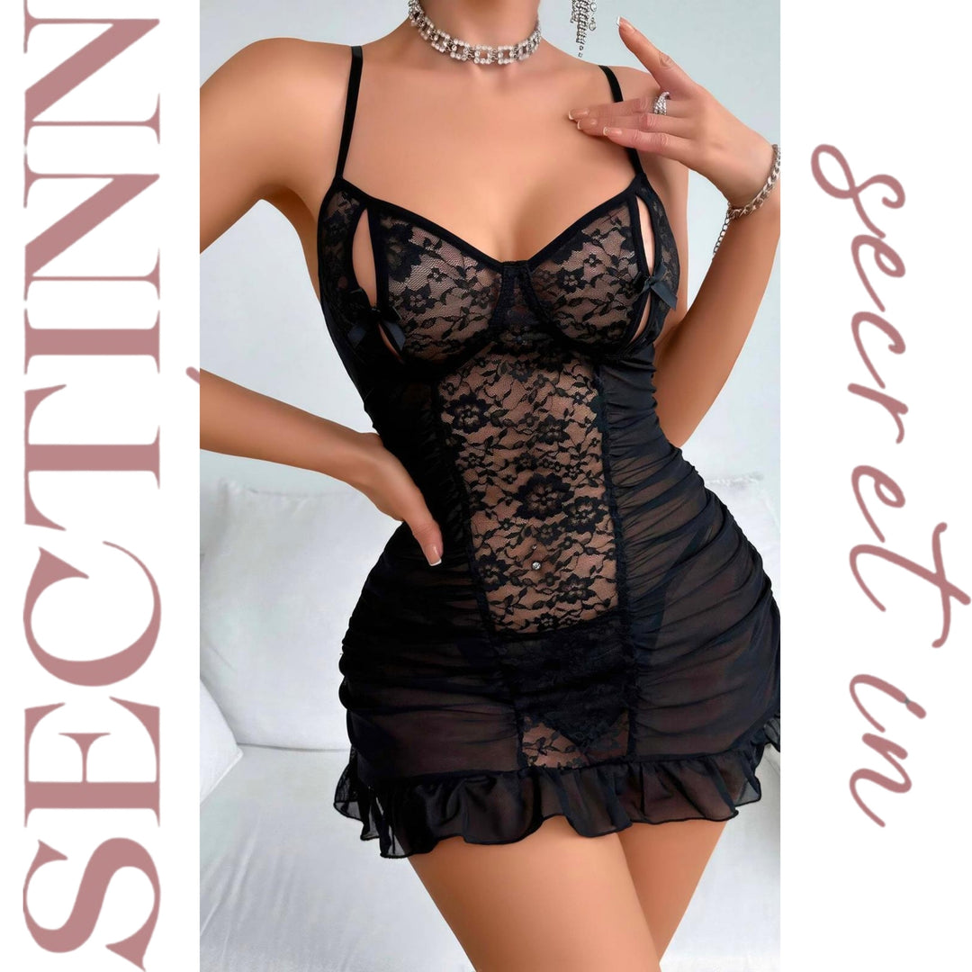 Siyah Dantel Transparan Babydoll Elbise