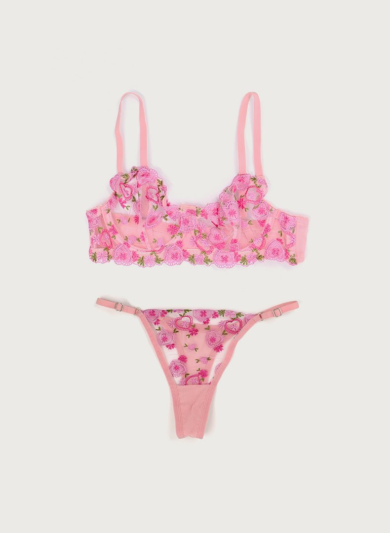Pembe İşlemeli Sütyen & String Takımı